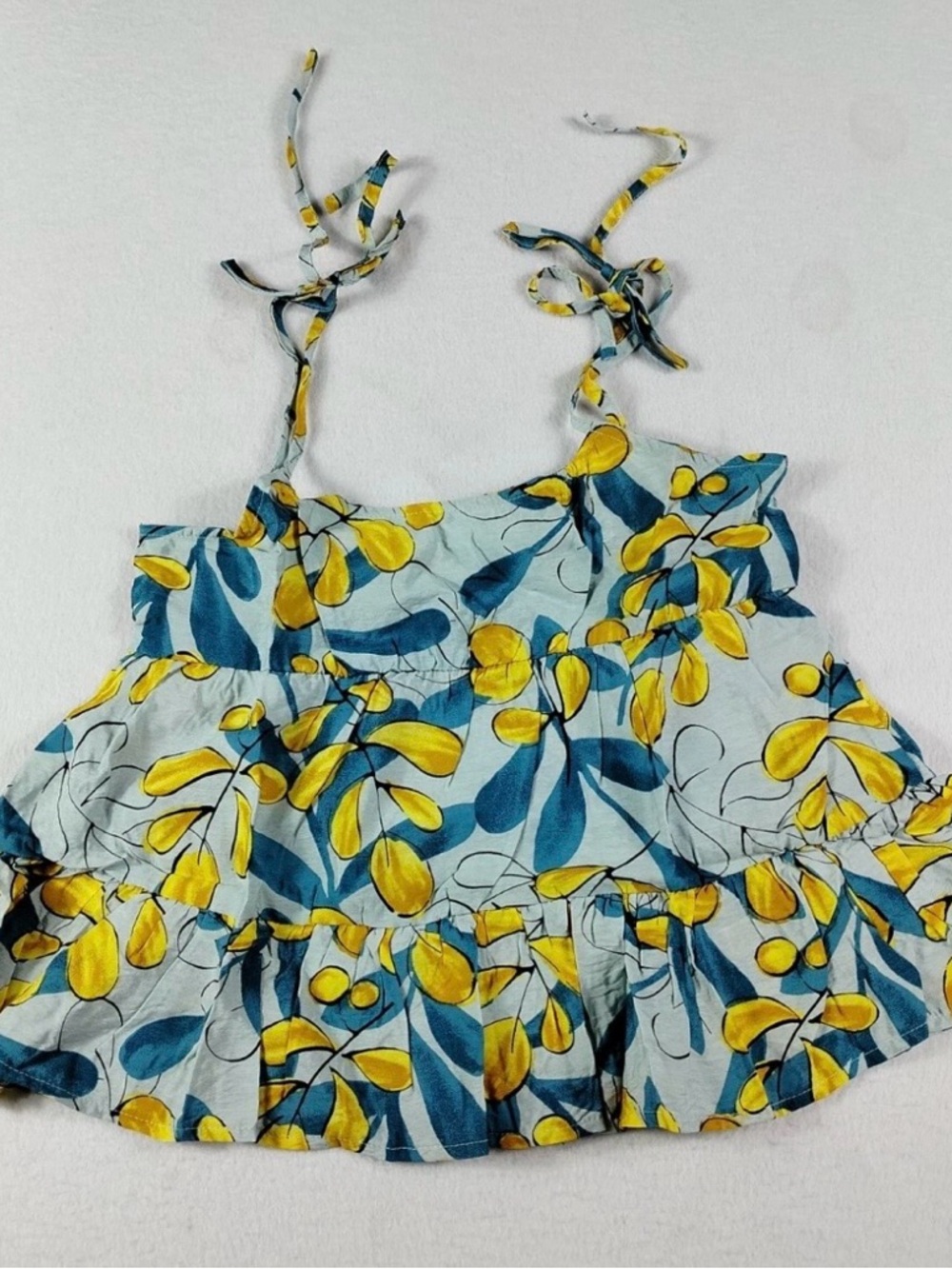 NWOT Mine for Anthropologie Blue Yellow Leaf Print Tiered Baby Doll Tank- SMALL